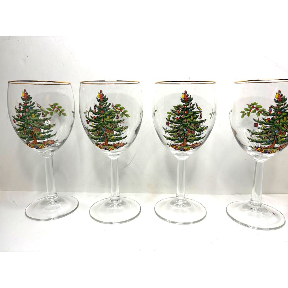 Vintage Spode Christmas Tree Wine Glasses Set 4 Gold Rim Holiday 10 0z Holiday